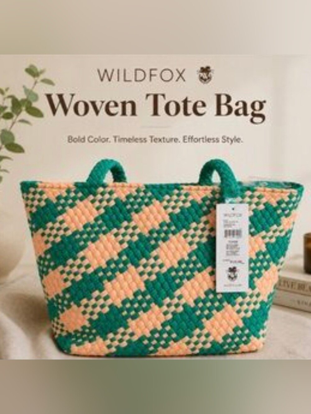 NWT Wildfox Green and Peach Woven Tote Bag